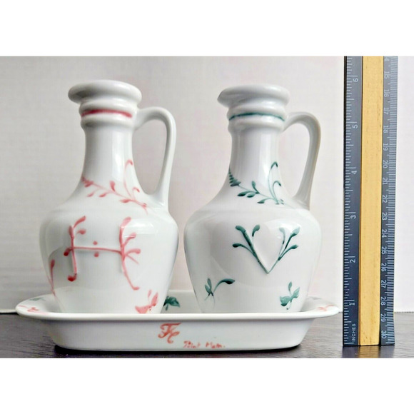 Limoges France Pottery Cruet Set Oil Vinegar Hand Painted Fluers Tray Pink Green - Picture 8 of 9